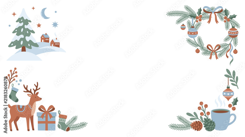 Fototapeta premium Christmas and New Year background frame with reindeer gift pine wreath copy space illustration 