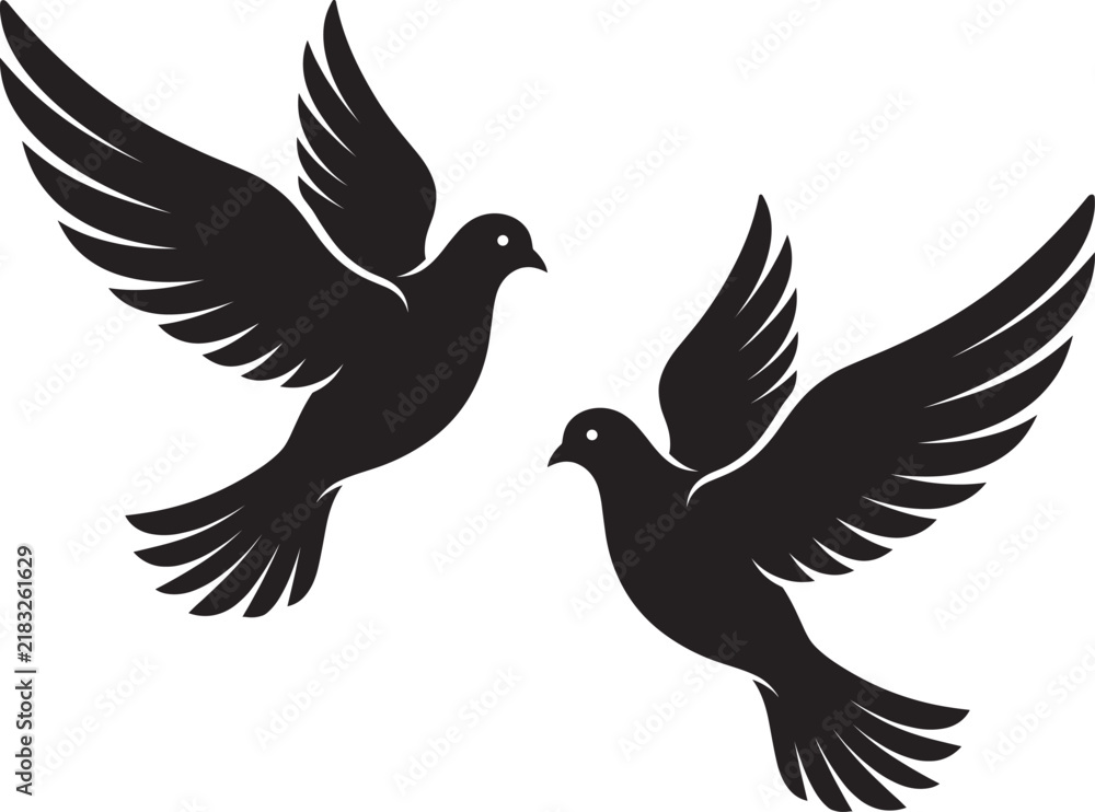 Fototapeta premium Flying Dove Bird Silhouette Vector Collection with Peace Love and Freedom Symbols for Graphic Design Projects