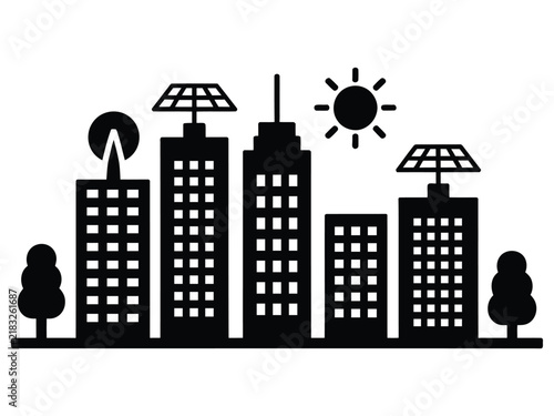 Eco-Friendly City Skyline with Solar Panels Silhouette Illustration
