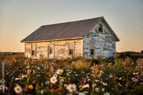 Charming Weathered Farmhouse in Rustic Countryside Setting, Surrounded by Vibrant Wildflower Meadow, Warm Golden Hour Light, Rustic White Paint, Capturing Timeless Rural Serenity