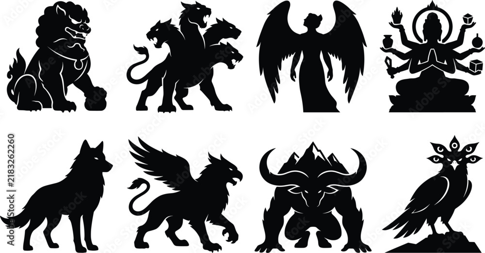 Fototapeta premium Mythological Creature Silhouette Icon Collection with Fantasy Monsters and Ancient Deity Symbols for Graphic Design Projects