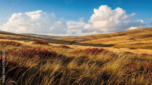 Expansive Golden Grassland Stretching Across Rolling Hills Under Vast Blue Sky, Fluffy White Clouds Casting Soft Shadows, Vibrant Red Shrubs Adding Contrast, Capturing Serene Natural Beauty