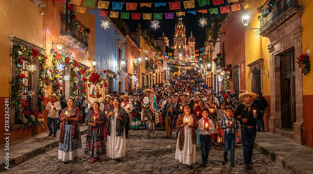 Obraz premium Traditional Mexican Posada Celebration in San Miguel de Allende at Night.