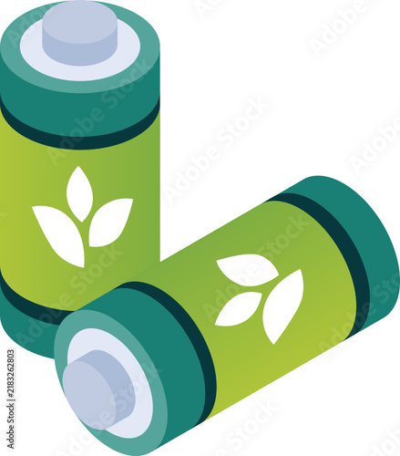 Isometric green eco friendly batteries with leaf icon isolated representing sustainable energy