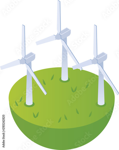 Isometric three wind turbines on green field isolated for sustainable energy production
