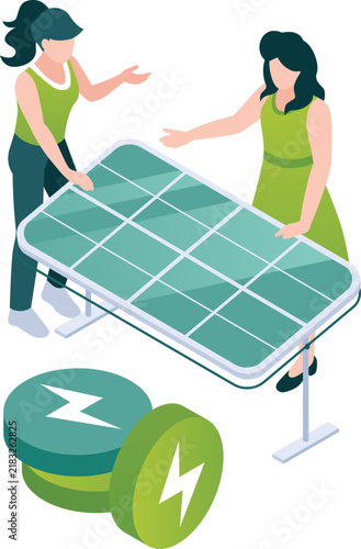 Two women engineers examining isometric solar panel for renewable energy system isolated