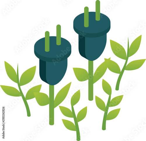 Isometric illustration of electric power plugs growing from green plant stems for eco friendly theme
