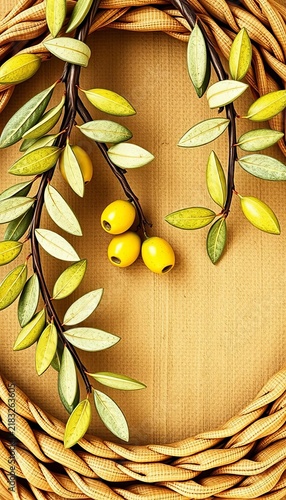 Woven design featuring entwined olive branches in vintage style, whimsical, decorative