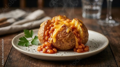 Hot baked jacket potato served with tomato baked beans and cheddar cheese topping.