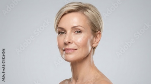 A beautiful woman with glowing skin demonstrating facial lifting facelift procedure results.