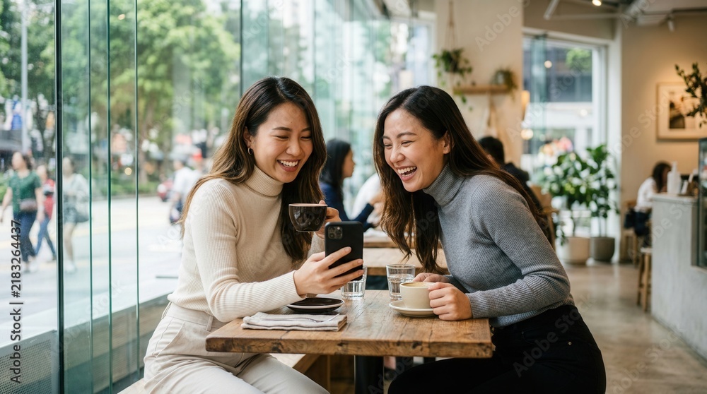 Fototapeta premium Smiling Asian women looking at a smartphone while sitting in a cafe with coffee.