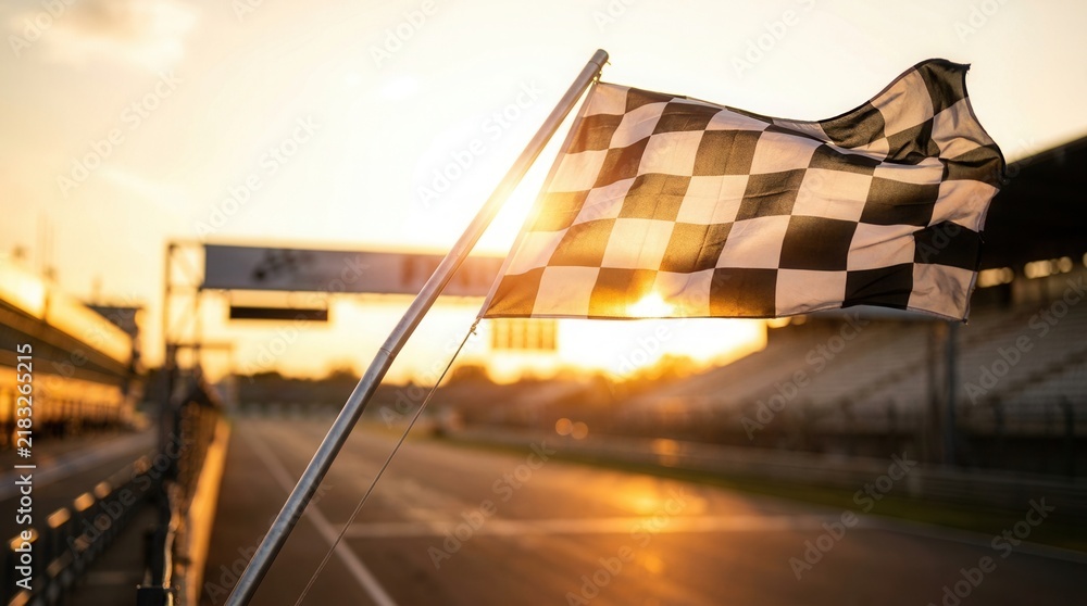 Obraz premium Checkered flag at the race track finish line against a glowing sunset sky.