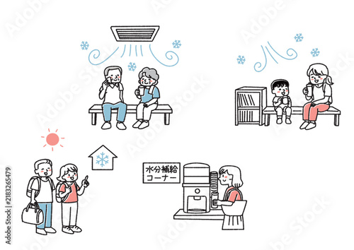 クーリングシェルターで暑さを避けて休憩・水分補給する人々のイラストセット