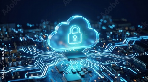 Obraz na płótnie Secure cloud computing concept featuring a glowing padlock icon on a digital circuit board.