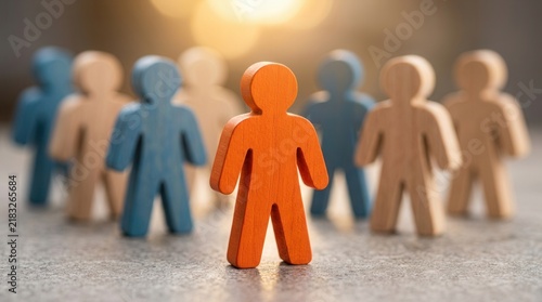 A single orange wooden figure stands out from a group representing temporary workers and workload management.
