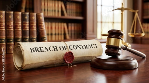 Legal remedy concept featuring a wooden gavel and breach of contract scroll.