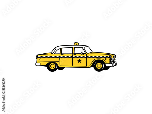 Yellow Vintage Taxi Car With Checkered Stripe And Roof Light Vector Illustration