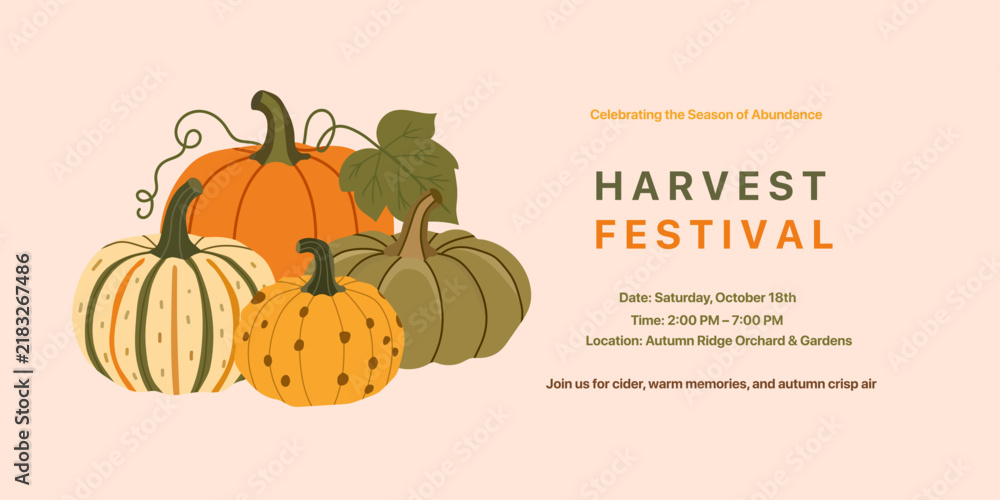 Obraz premium Fall harvest festival with various pumpkins poster design. Autumn thanksgiving day holiday. Harvest Halloween in October template banner. Vector flat illustration