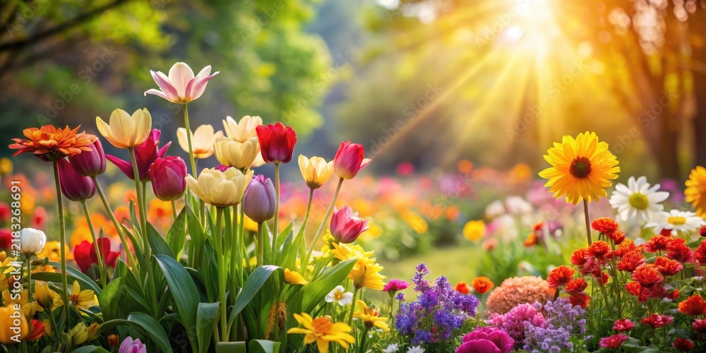 Fototapeta premium Colorful blooming flowers in a garden with a sunny background, spring, flowers, spring,flowers, nature, floral