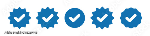 Set of five blue verified checkmark badge icons for social media and authentication purposes.