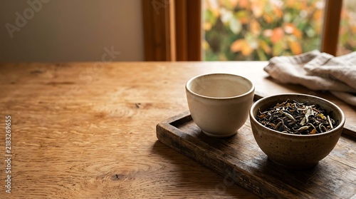 A rustic wooden tray with a ceramic tea cup and a bowl of loose leaf tea on a textured wooden table near a window