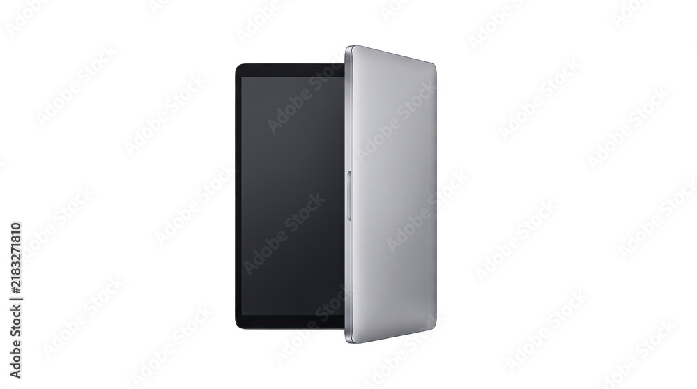 Fototapeta premium Modern tablet device half open with sleek aluminum casing during studio lighting for digital use