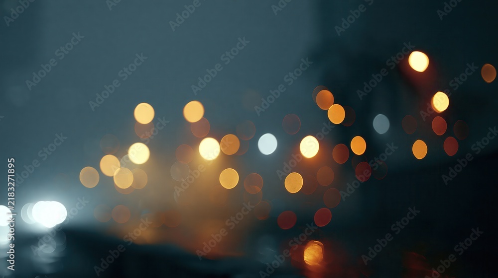 Obraz premium Out of focus car headlights and city lights during a misty evening drive creating a moody bokeh effect