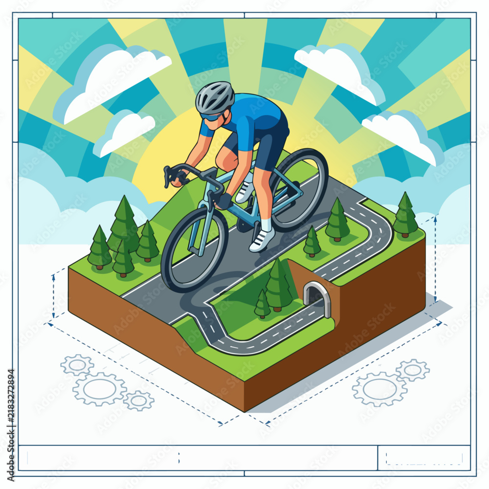 Fototapeta premium An isometric vector illustration of a cyclist riding a sleek road bike across a miniature, 3D-styled mountain pass block. 