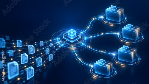 Central processor microchip connecting and distributing data to multiple digital folders depicting centralized network routing and file management