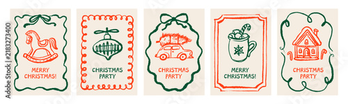 Christmas greeting cards. Poster set with doodle crayon holiday elements. Vector hand drawn sketch isolated illustration.