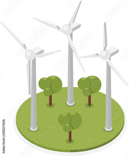 Isometric wind turbines on circular green field with trees for renewable energy power generation