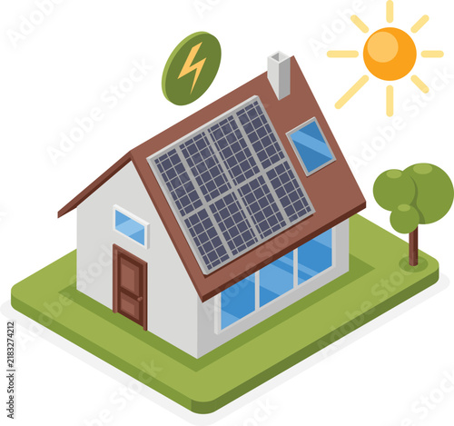 Isometric house with solar panels for renewable energy production isolated on transparent