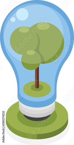 Isometric green tree inside glass light bulb for sustainable renewable energy concept isolated