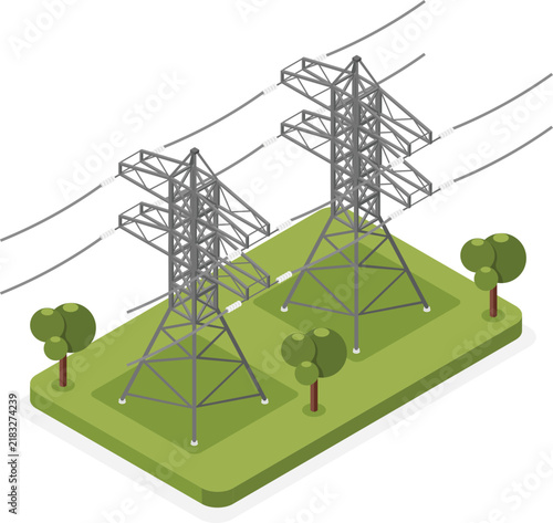 Isometric high voltage electricity pylons on green field for power transmission isolated