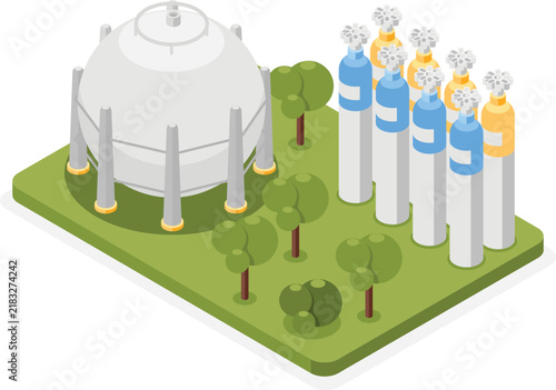 Isometric nuclear power plant vector illustration with green energy concept