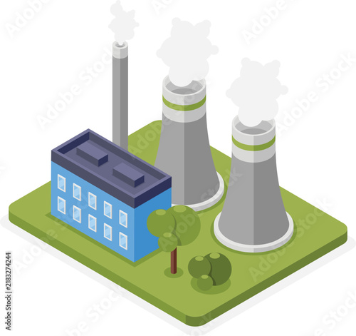 Isometric nuclear power plant vector illustration with green energy concept