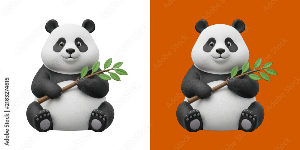 Obraz premium Cute Cartoon Panda Holding Green Bamboo Branch Sitting Happy Animal Character Mascot transparent png