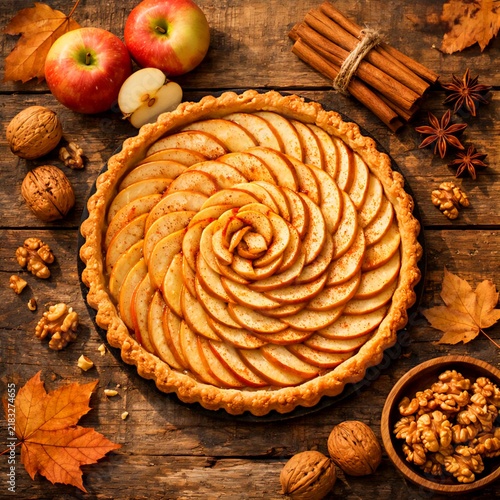 Rustic apple tart with cinnamon, walnuts and autumn leaves