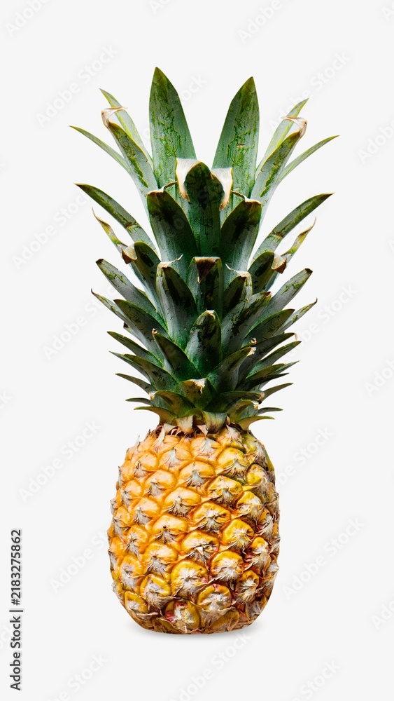 Fototapeta premium Fresh pineapple with vibrant green leaves on a white background.