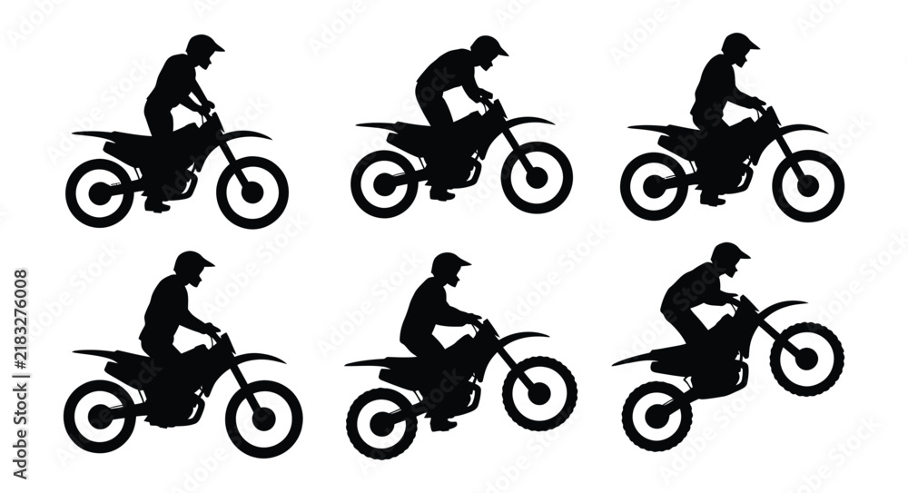 Obraz premium Motocross dirt bike rider silhouette set showing different riding postures and off road stunts isolated on white background vector illustration for extreme sports design