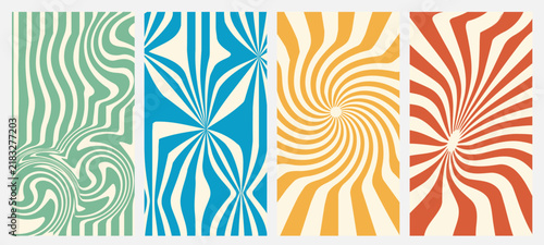 Groovy retro spiral sunburst abstract backgrounds set. Swirl, twirl and radial ray patterns in trendy hippie 60s 70s psychedelic style. Contemporary poster print wall art template. Vertical vector