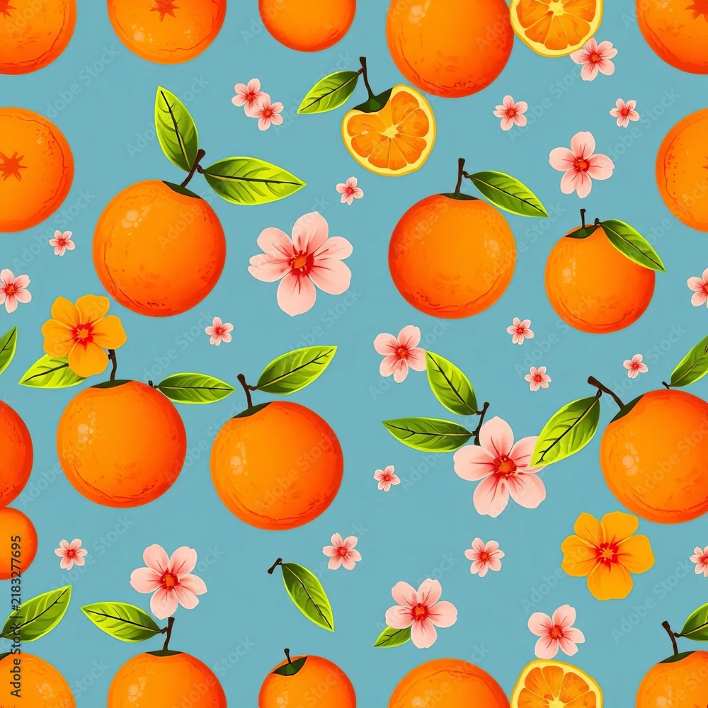 Seamless pattern with orange fruit and flower on blue background, vector illustration of cute fruit print, borders, card