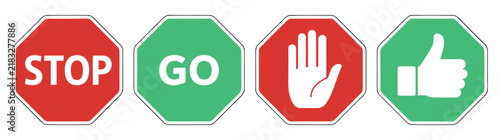 Картината върху платно Stop and go road traffic sign set with stop text go text raised palm hand and th