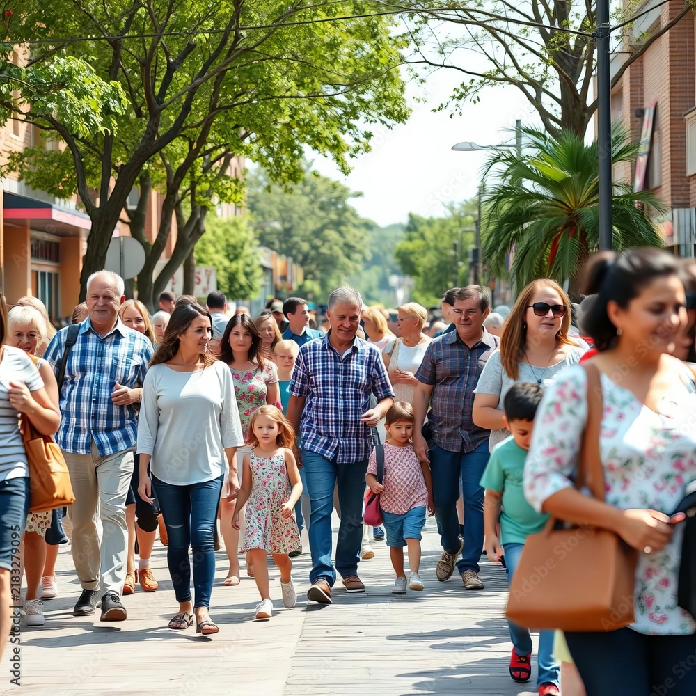 Fototapeta premium Crowded outdoor scene with parents and kids walking together, creating a sense of community, ||outdoor gathering, urban park