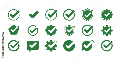 Green checkmark icons selection with various circular shield star and speech bubble outline frames.