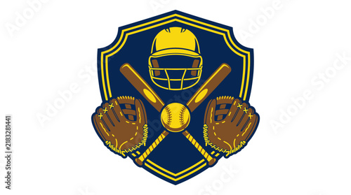 Softball crest emblem vector logo illustration featuring crossed bats, gloves, ball, and helmet