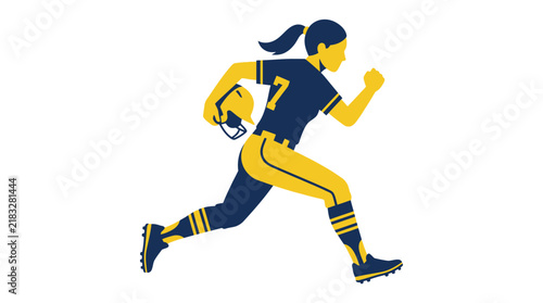 Dynamic Silhouette of a Female Softball Player Running with Helmet in Professional Sports Uniform