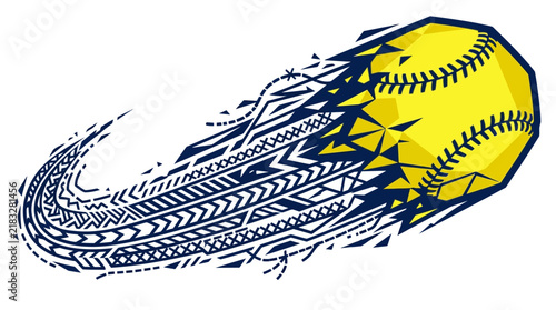 Dynamic Softball Illustration with Tribal Design Trail, Representing Speed and Power in the Sport
