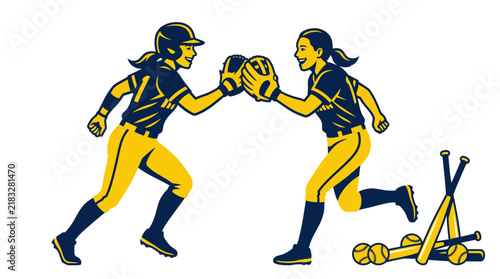 Two softball players in yellow uniforms high-fiving with bats and balls in the background illustration