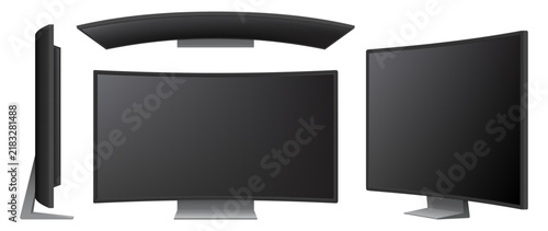 TV screen. Side, top and profile views. Monitor display in realistic 3D style. Vector modern digital device. Screen with slim frame and support stand. Application preview and technology visualization
